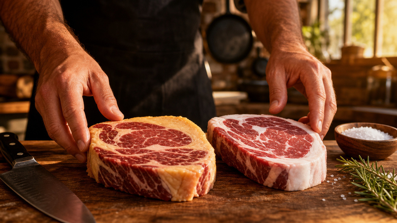 Mãos segurando dois pedaços grossos de carne bovina crus sobre tábua de madeira com faca e temperos.