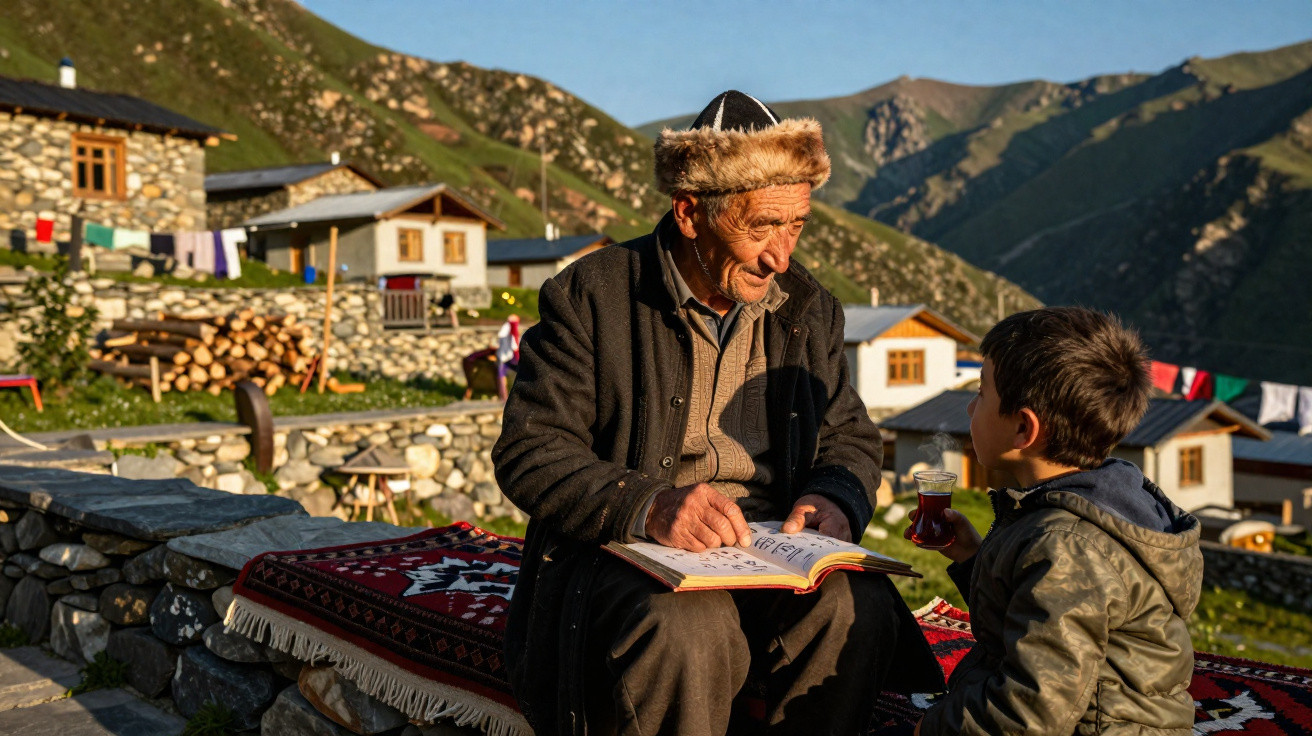 Idoso e criança sentados ao ar livre em vila montanhosa, lendo livro e bebendo chá ao pôr do sol.