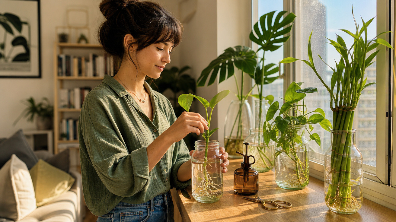 Mulher cuidando de plantas em jarros na janela de uma sala iluminada e aconchegante.