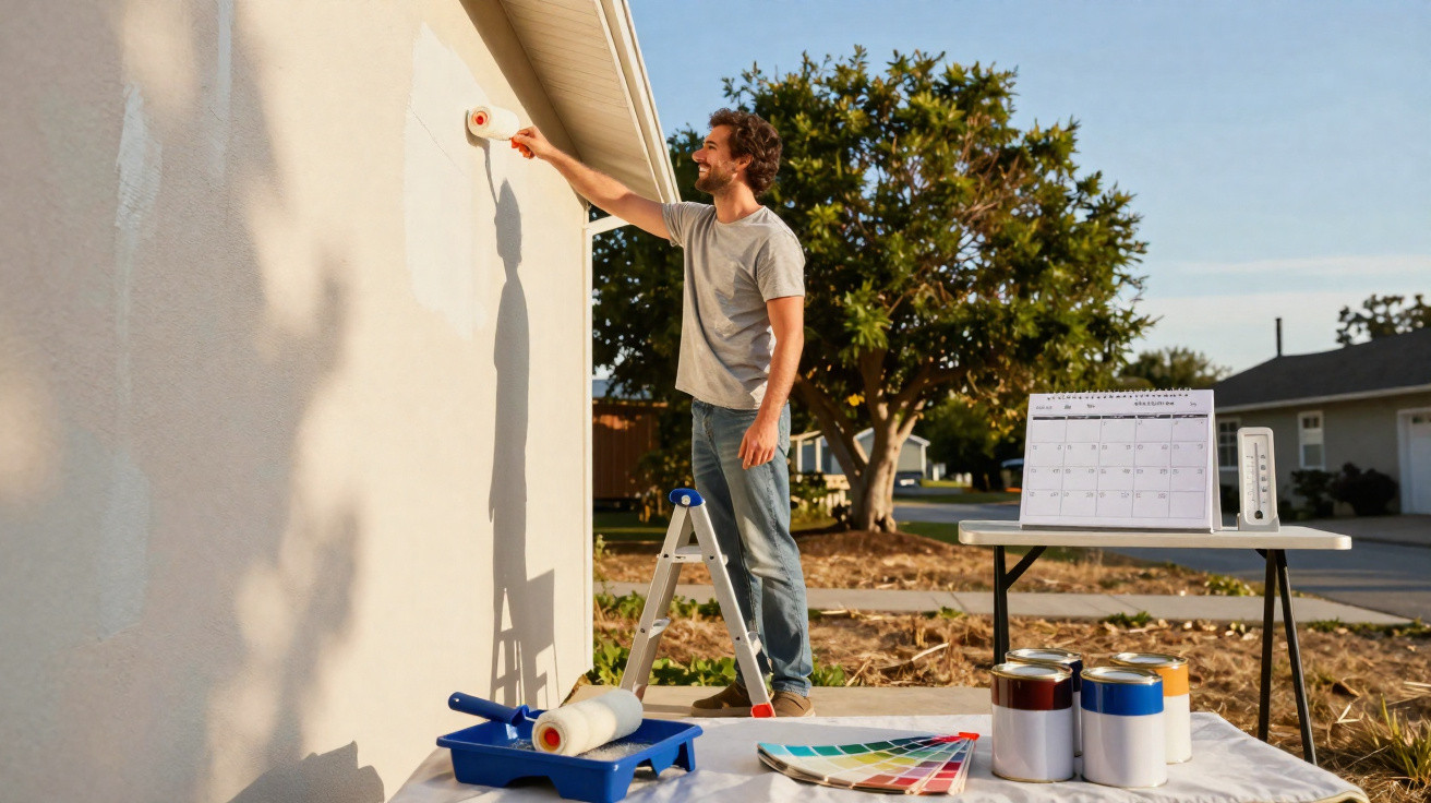 Homem pintando parede externa de branco com rolo, ao ar livre, com materiais de pintura na mesa próxima.