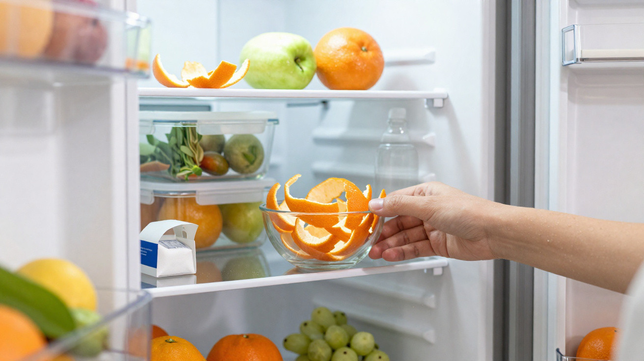 Mão colocando tigela com cascas de laranja dentro de geladeira com frutas e legumes.