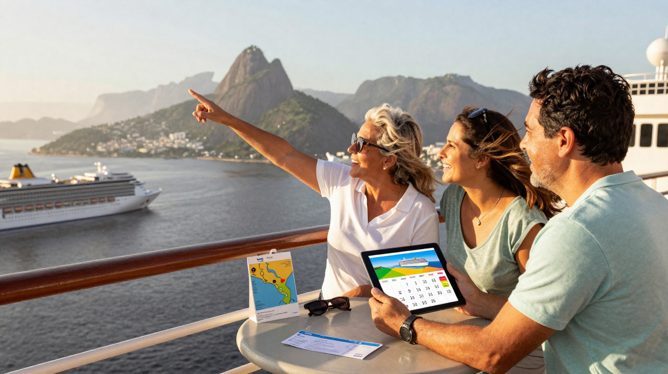 Três adultos em cruzeiro apontando para o Pão de Açúcar, Rio de Janeiro, com calendário e mapa na mesa.