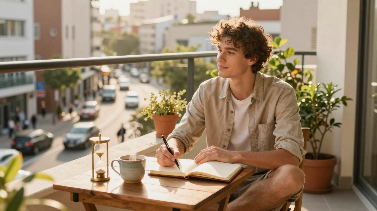 Jovem sentado em varanda ensolarada escrevendo em caderno, com xícara de café e ampulheta na mesa.