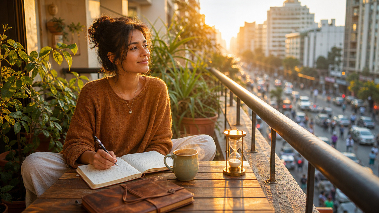 Mulher sentada na varanda ao entardecer, escrevendo em caderno com café e ampulheta na mesa.