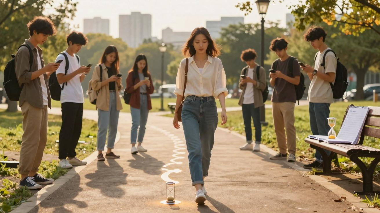 Jovem caminhando em parque cercada por grupo que usa celulares, com ampulheta no chão e banco ao lado.