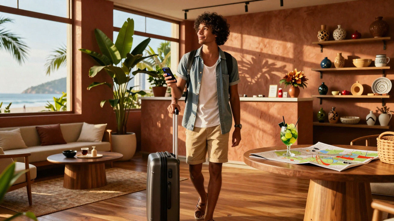 Jovem com mala e mochila em recepção de hotel com decoração rústica e vista para o mar.