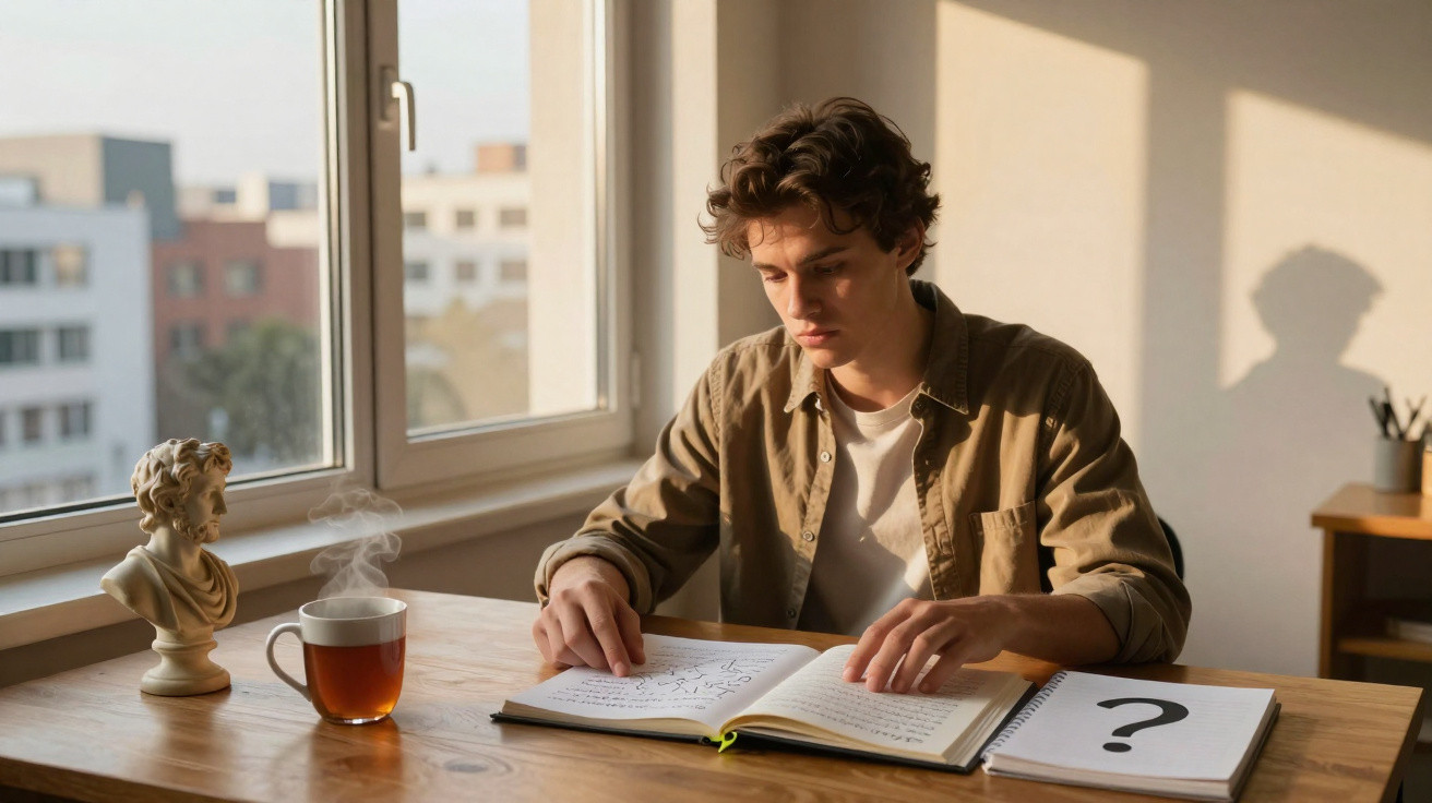 Jovem lendo livro à mesa com xícara de chá fumegante e caderno com ponto de interrogação.