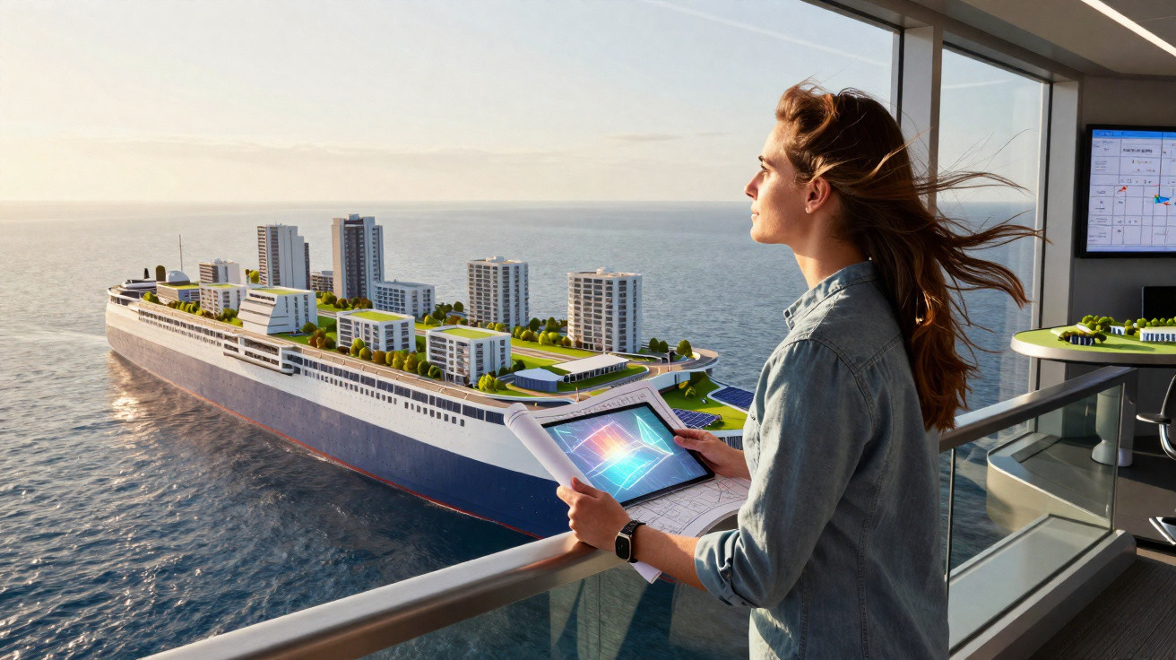 Mulher observando maquete digital de um navio com edifícios sustentáveis no convés, vista para o mar.