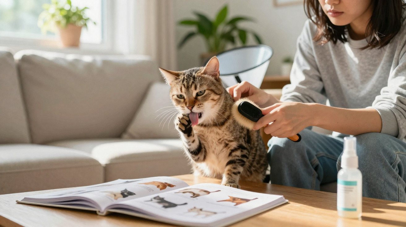 Pessoa escova gato que lambe a pata, com livro de fotos de gatos aberto sobre mesa em sala iluminada.