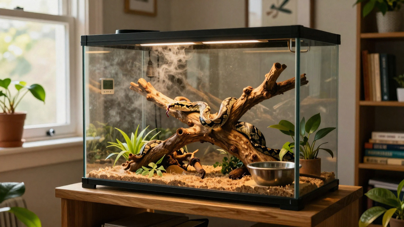 Terrário de vidro com cobra e galhos decorativos dentro em ambiente interno iluminado.
