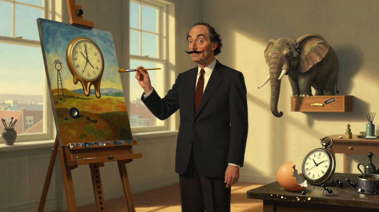 Homem com bigode e terno pinta quadro surrealista com relógio derretendo em sala iluminada.