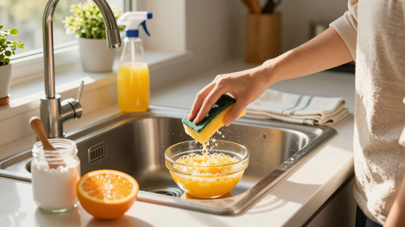 Pessoa espremendo laranja com esponja sobre tigela na pia da cozinha com ingredientes ao redor.