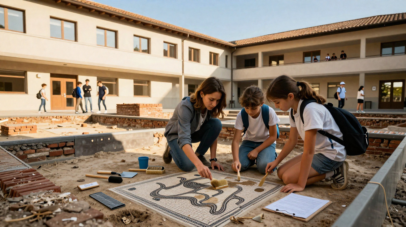 Três pessoas limpando e examinando um mosaico arqueológico em escavação ao ar livre junto a um prédio escolar.