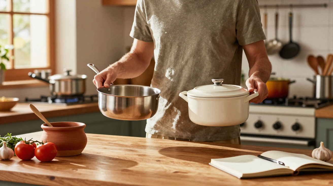 Pessoa na cozinha segurando duas panelas em bancada com tomates, alho, caderno aberto e utensílios.