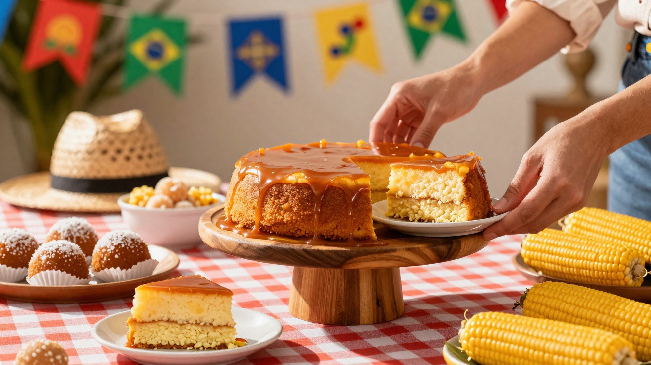 Bolo de milho com cobertura de caramelo sendo servido em festa junina com mesa xadrez e decoração típica.