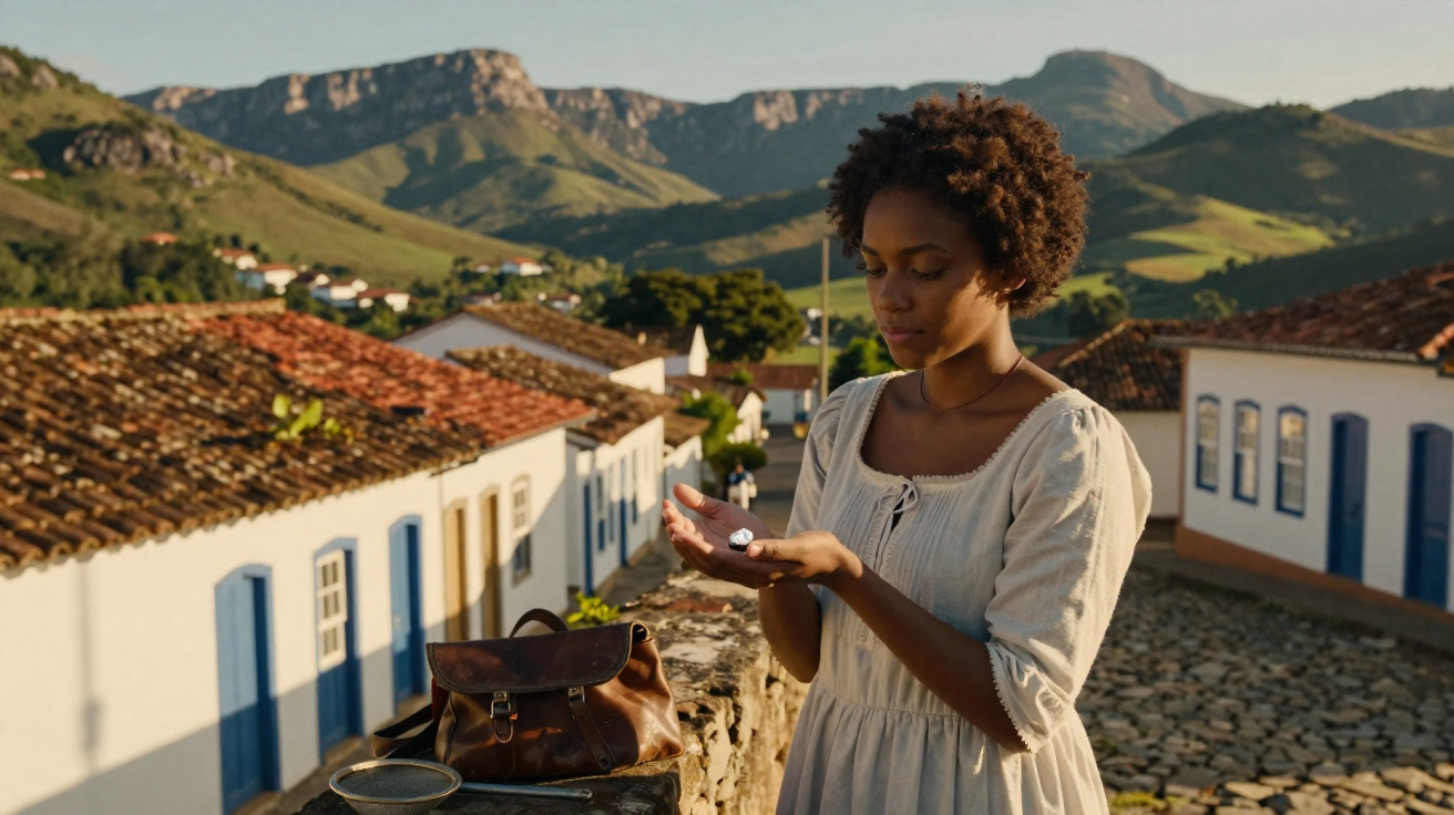 Mulher segurando moeda em vila histórica com casas coloniais e montanhas ao fundo.