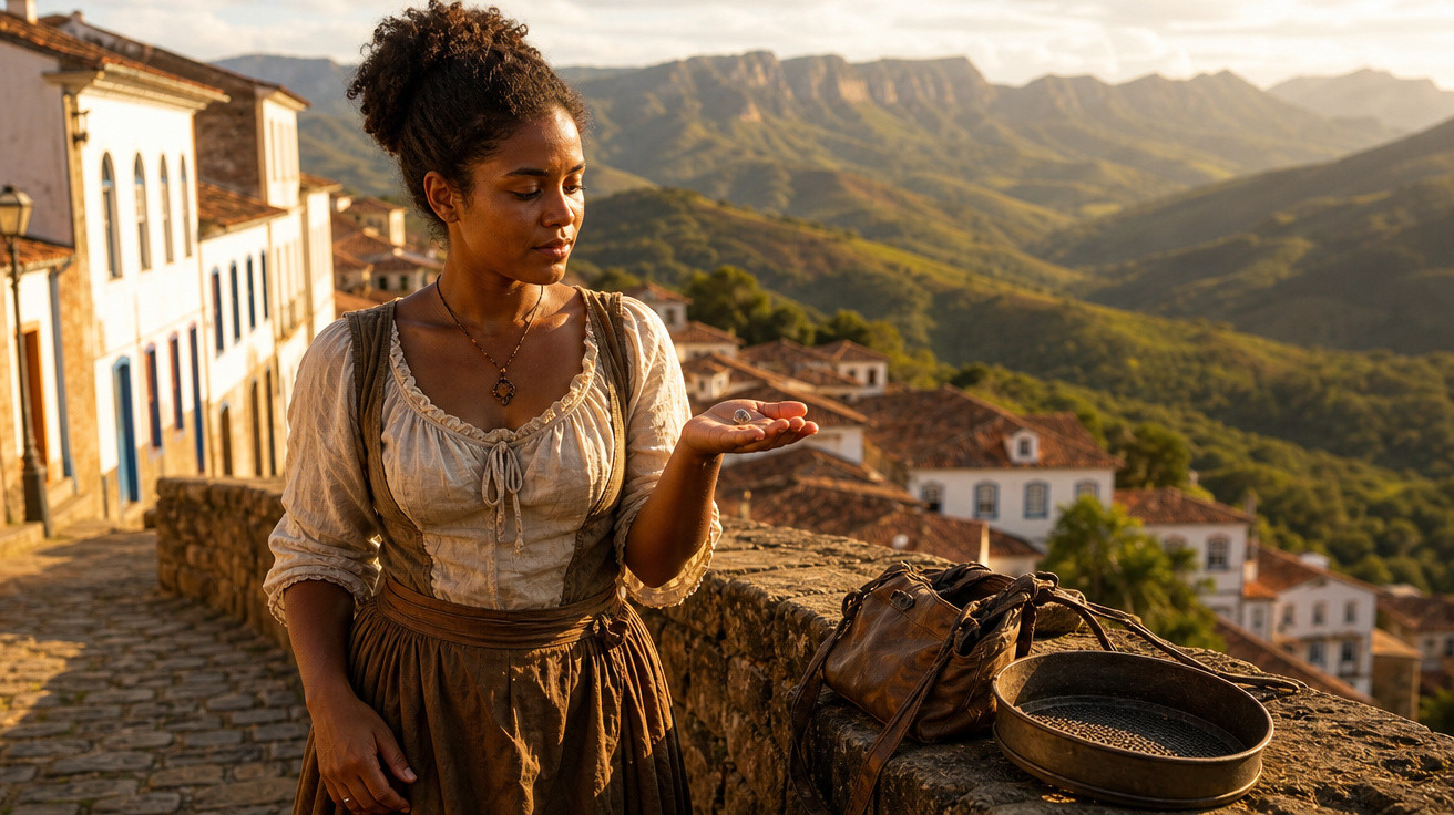 Mulher vestida com roupa antiga observa moeda na mão em vila histórica de pedra ao pôr do sol.