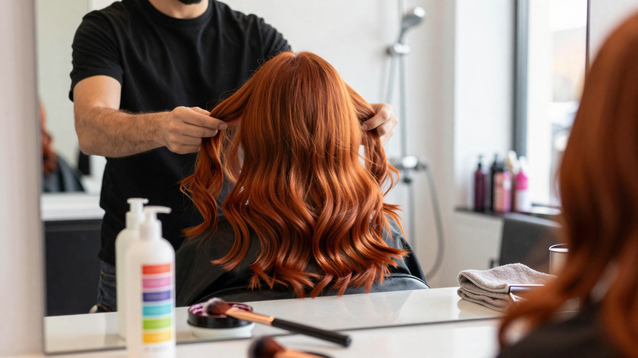 Cabeleireiro arrumando cabelo longo e ondulado ruivo de cliente em salão moderno com espelho grande.