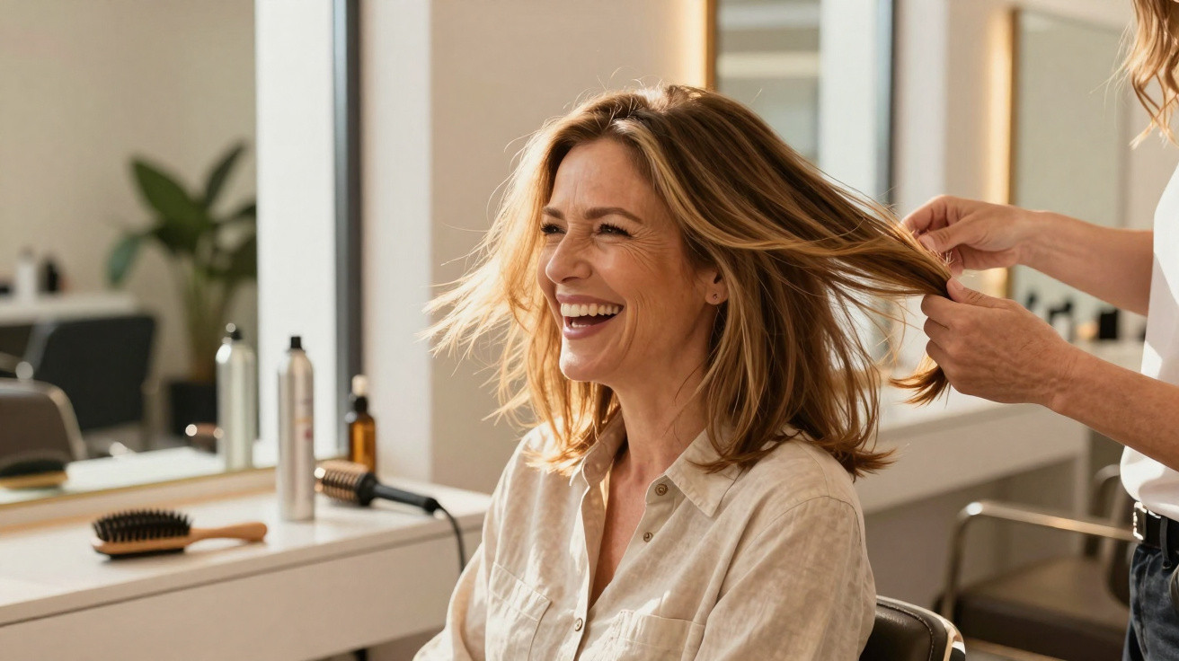 Mulher sorridente recebendo penteado em salão de beleza com luz natural e ambiente moderno.