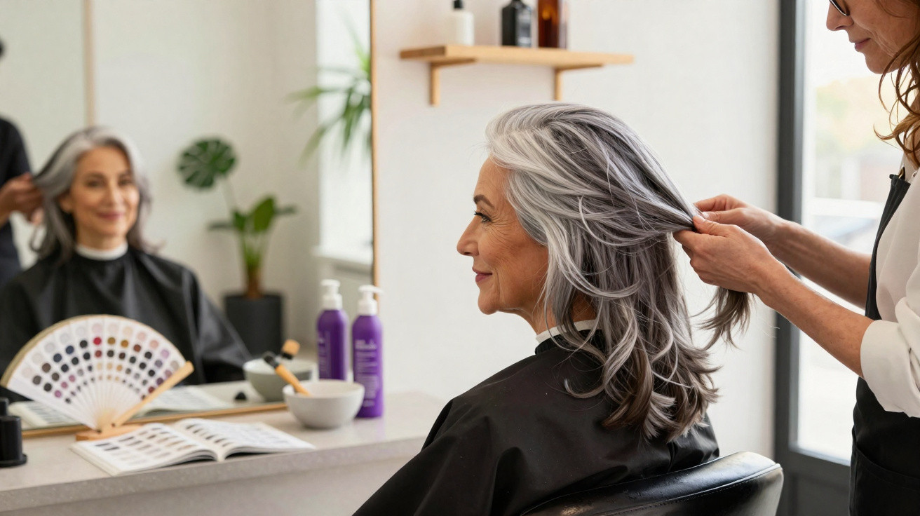Mulher com cabelos grisalhos sentada em salão de beleza enquanto cabeleireira penteia seu cabelo.