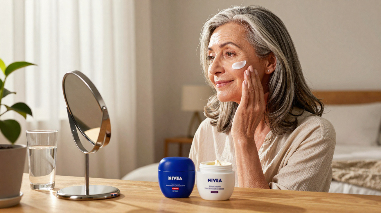 Mulher madura aplicando creme facial Nivea, sentada à mesa com espelho e plantas ao fundo.