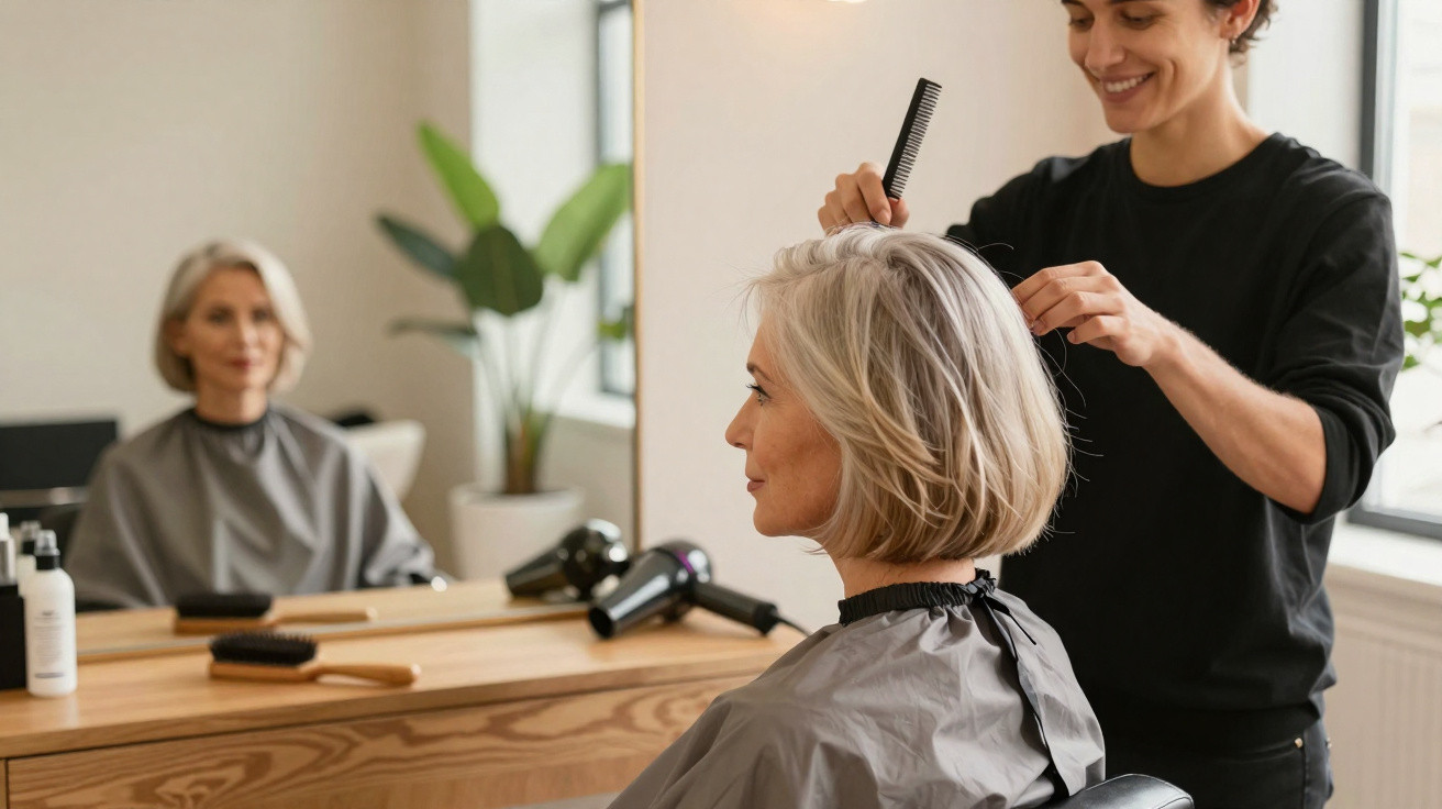 Cabeleireiro penteando cabelo curto e grisalho de mulher em salão com espelho e janela.