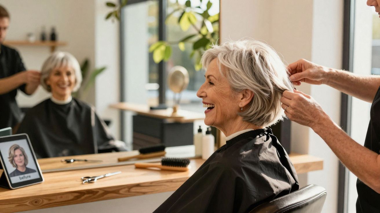 Mulher idosa sorrindo durante corte de cabelo em salão, com tablet mostrando foto de antes.
