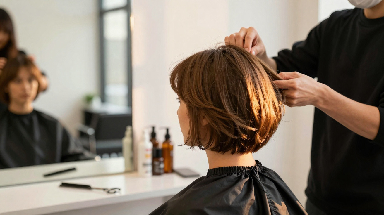 Pessoa com cabelo curto recebendo corte de cabelo em salão moderno com espelho e produtos ao fundo.