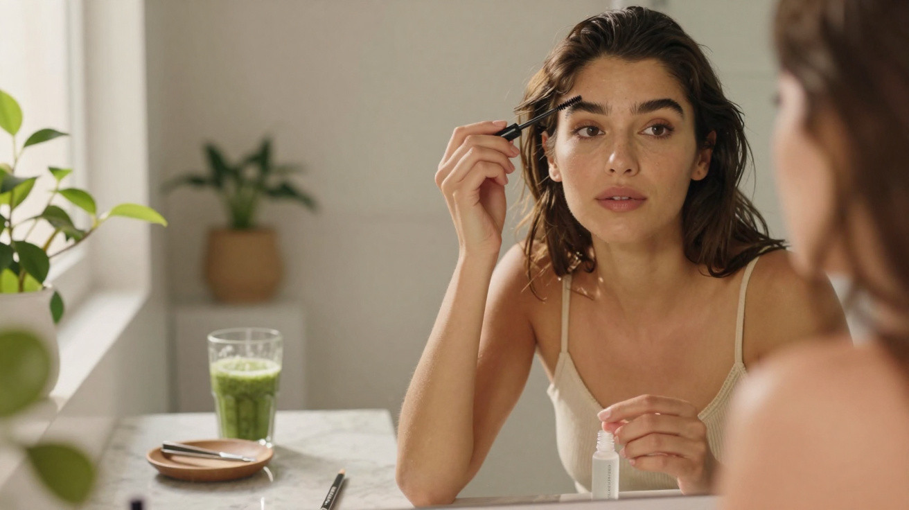 Mulher aplicando máscara para cílios em frente ao espelho, com suco verde ao fundo.