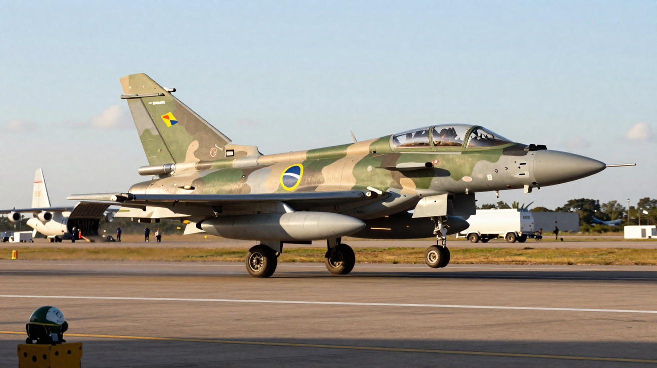 Caça militar com camuflagem verde e bege da Força Aérea Brasileira no solo de pista de aeroporto.