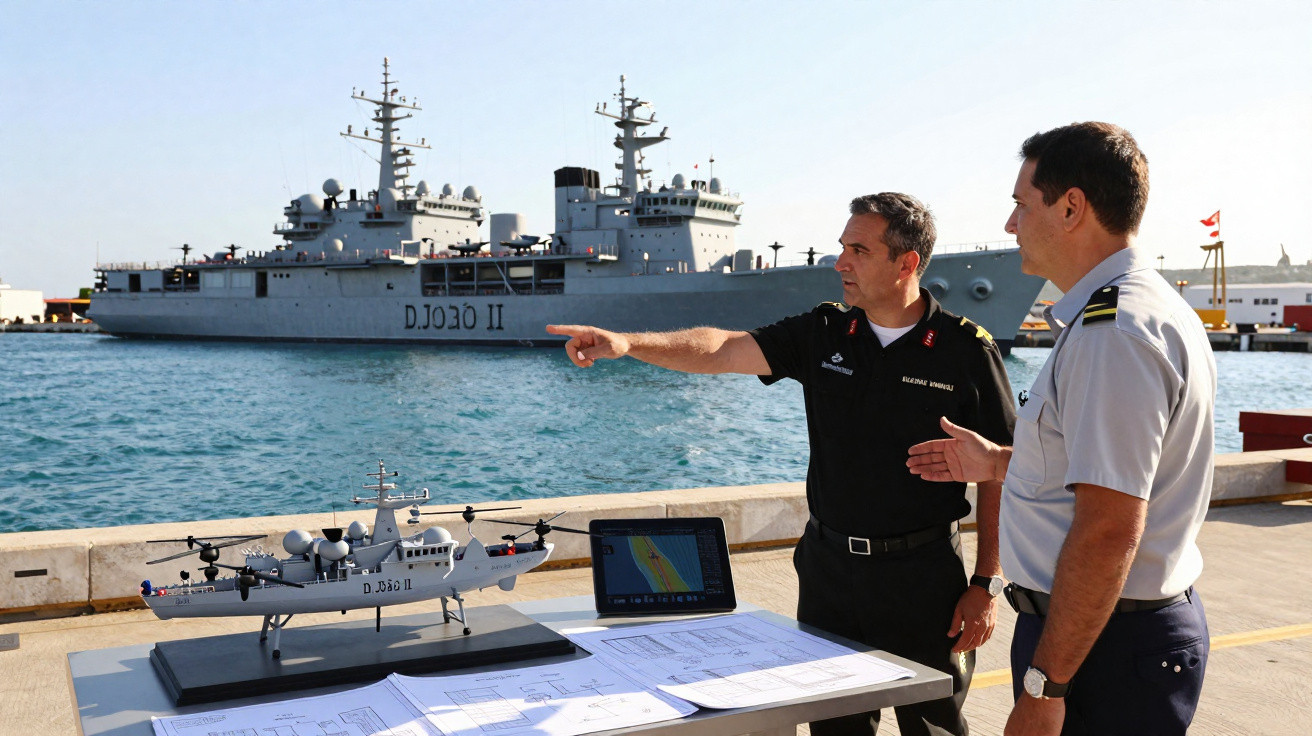Dois militares discutem ao lado de maquete do navio D. Joao II no porto com o navio ao fundo.