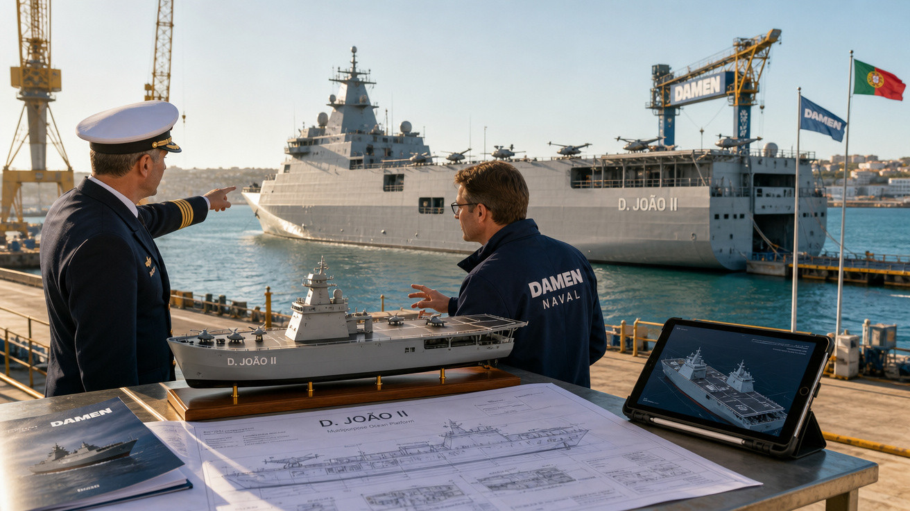 Dois homens, um naval e outro da Damen Naval, observam o navio D. João II no porto com maquete e projeto.
