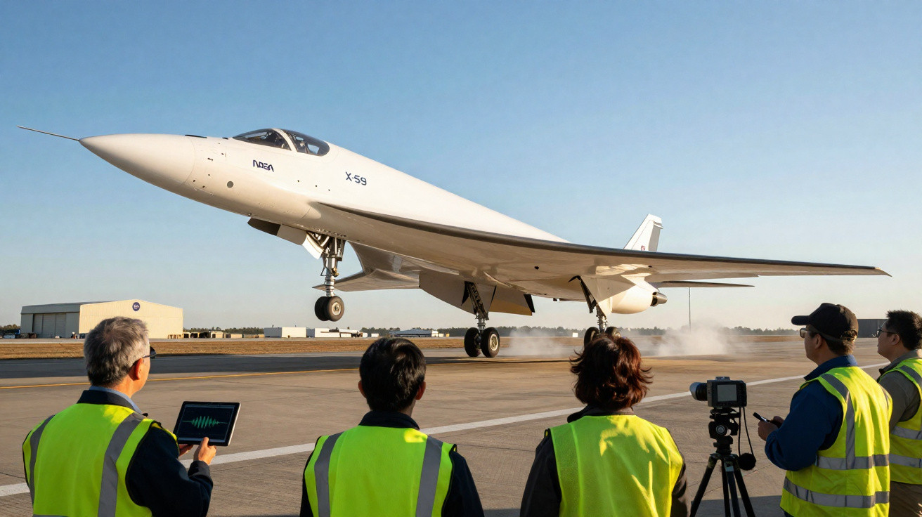 Avião futurista X-59 da NASA pousando enquanto equipe observa com coletes amarelos.