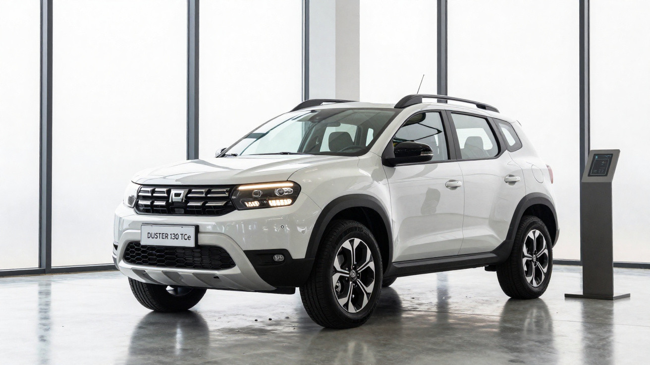 SUV Renault Duster branco estacionado em ambiente interno iluminado por grandes janelas.