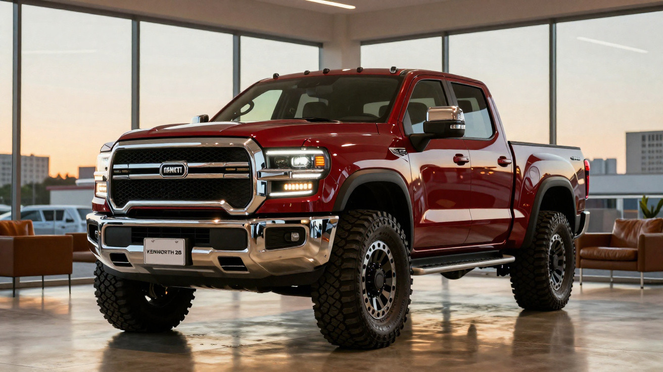 Picape vermelha Bennet em showroom moderno com pneus off-road e detalhes cromados.