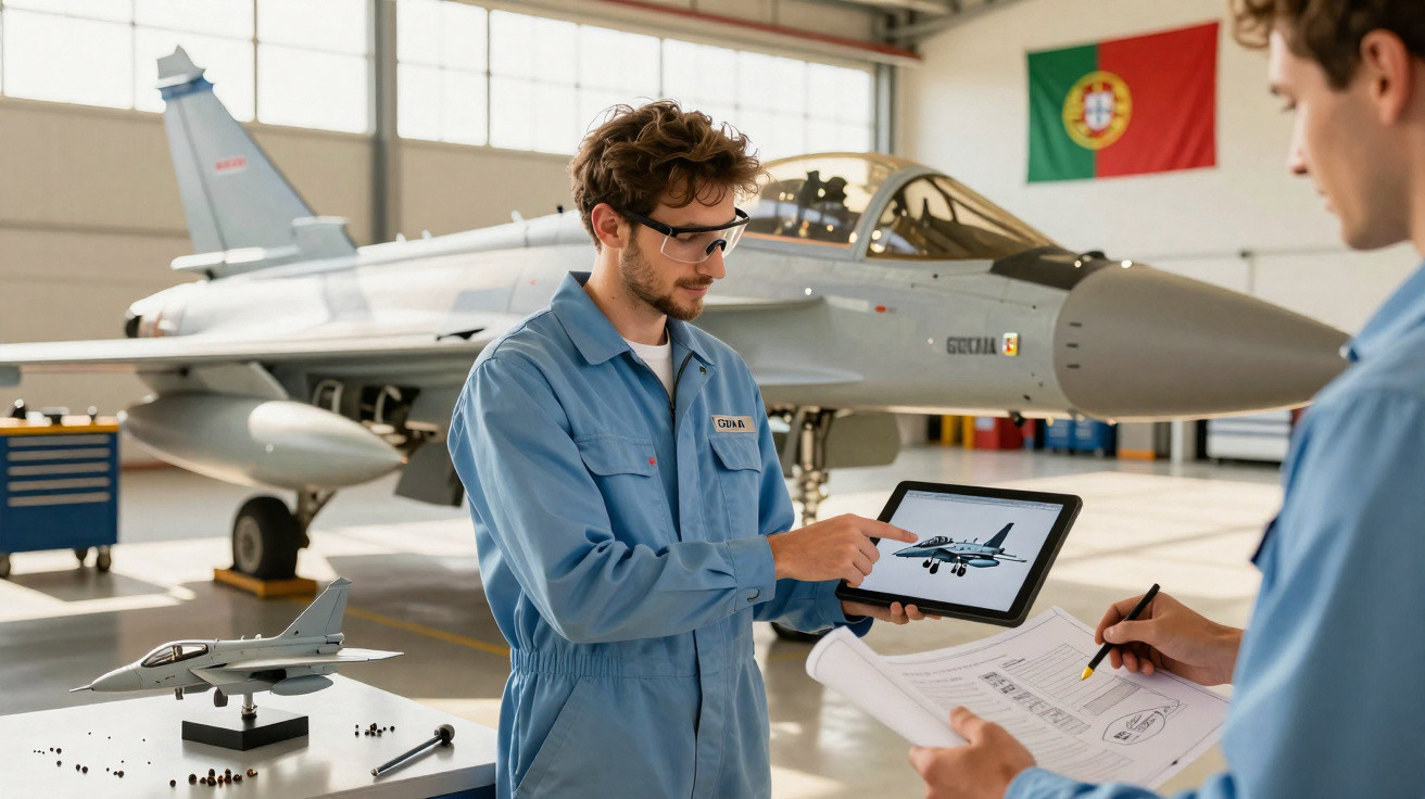 Dois engenheiros revisam projeto de avião de caça em oficina com jato e bandeira de Portugal ao fundo.