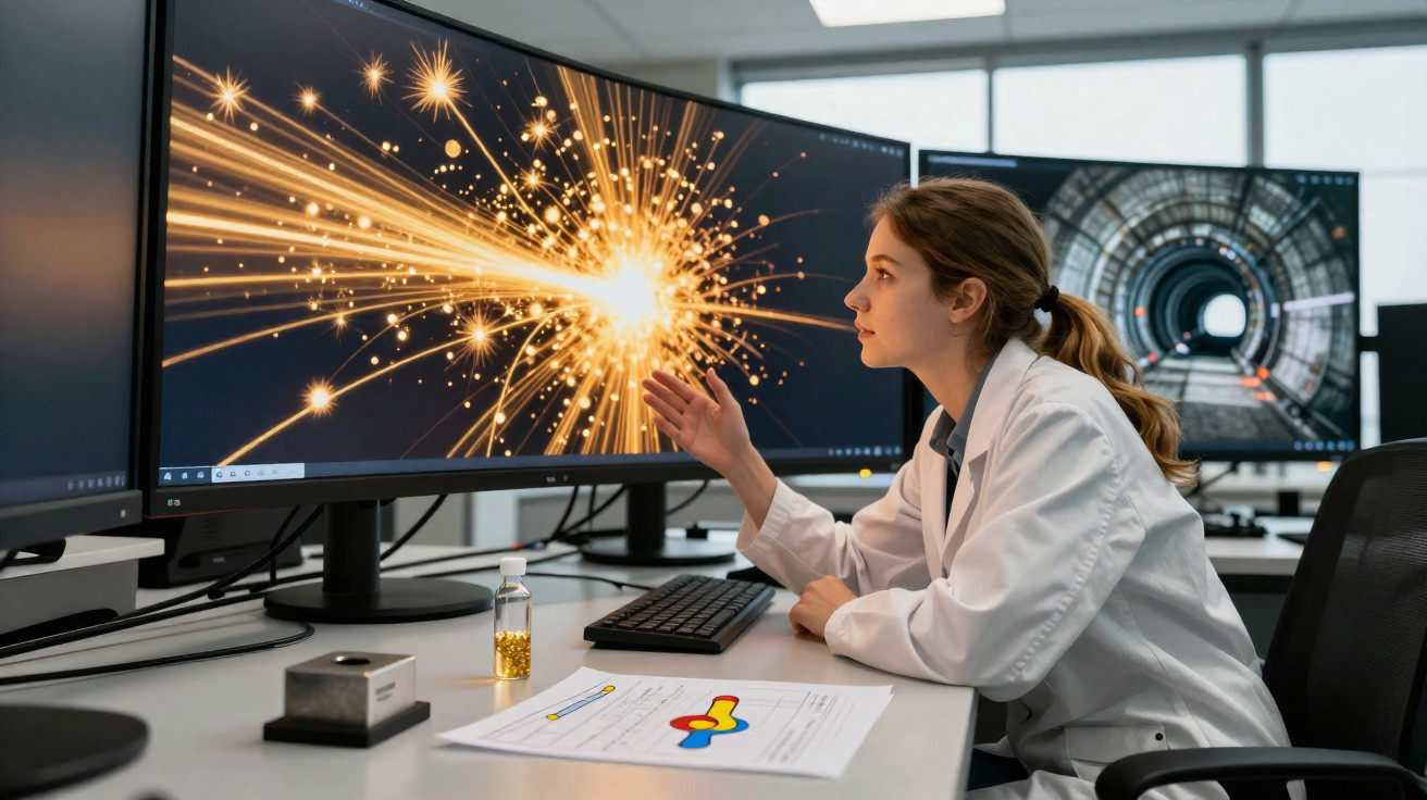 Mulher cientista em laboratório interage com imagem de explosão luminosa em tela de computador.