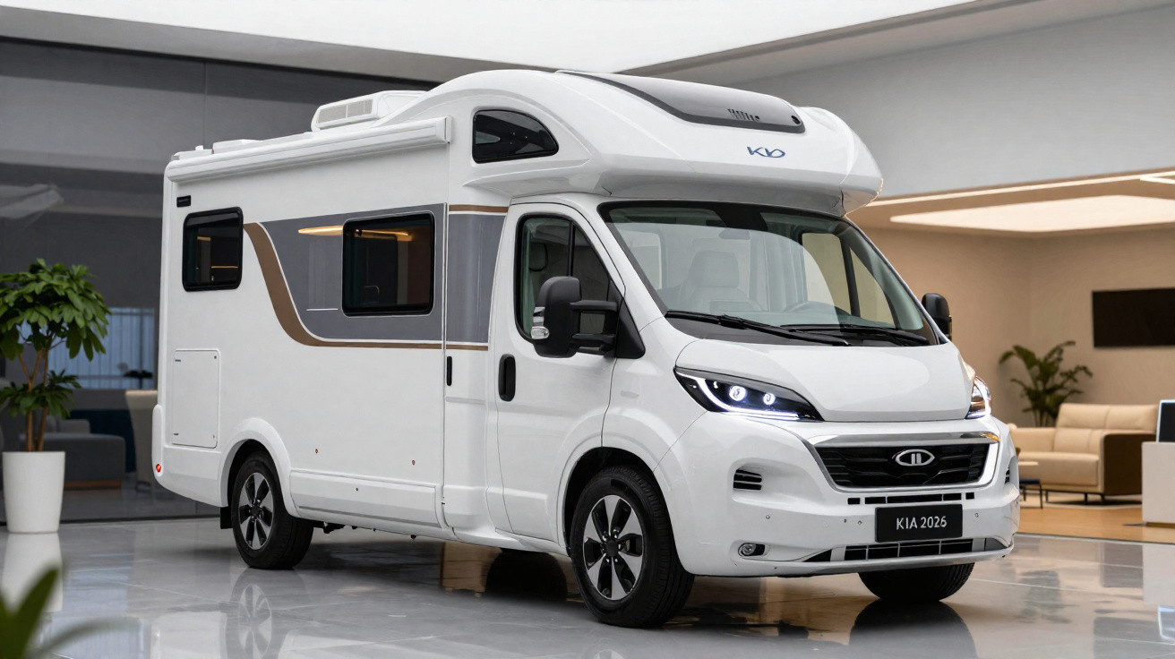 Motorhome branco Kia 2026 em ambiente interno moderno com plantas e móveis ao fundo.
