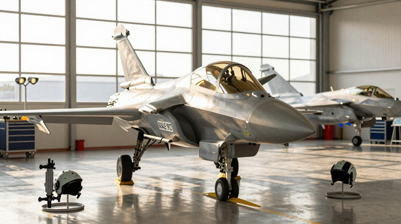 Aviões de caça estacionados em hangar com capacetes expostos ao lado no chão.