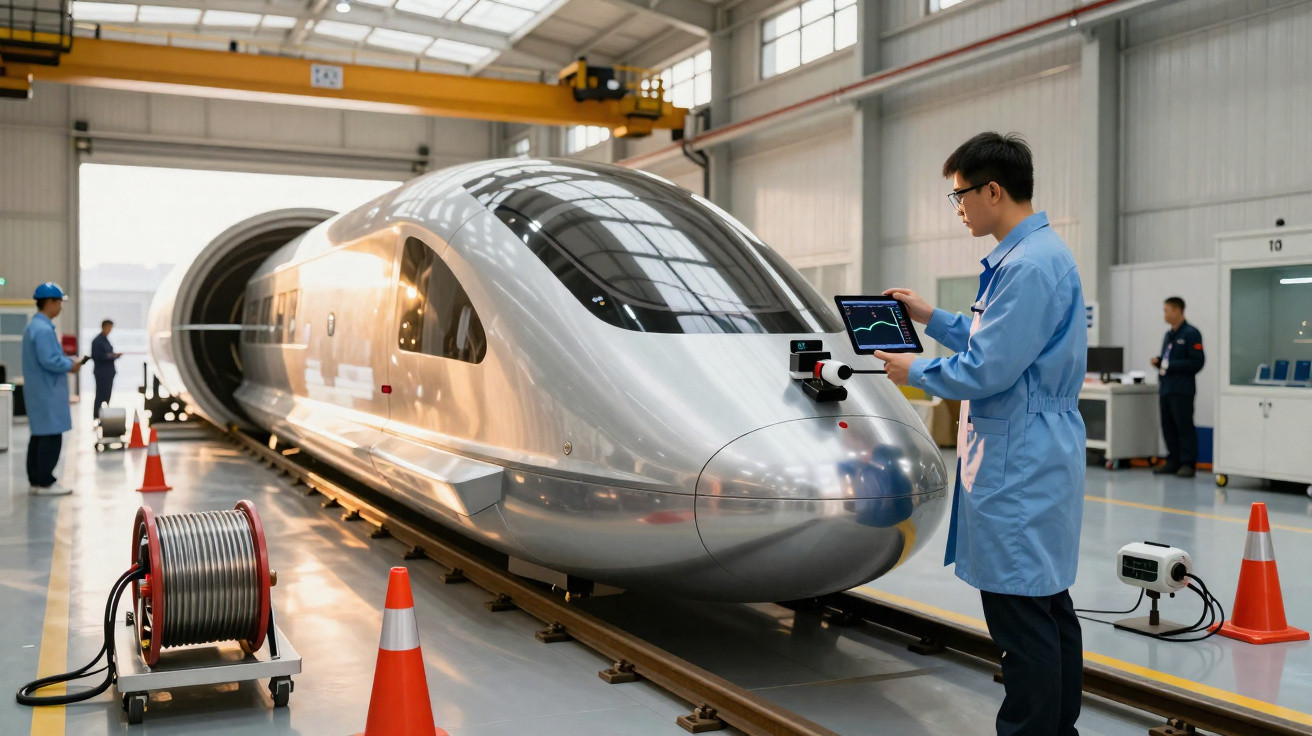 Técnico analisando dados em tablet ao lado de trem-bala moderno em laboratório industrial.