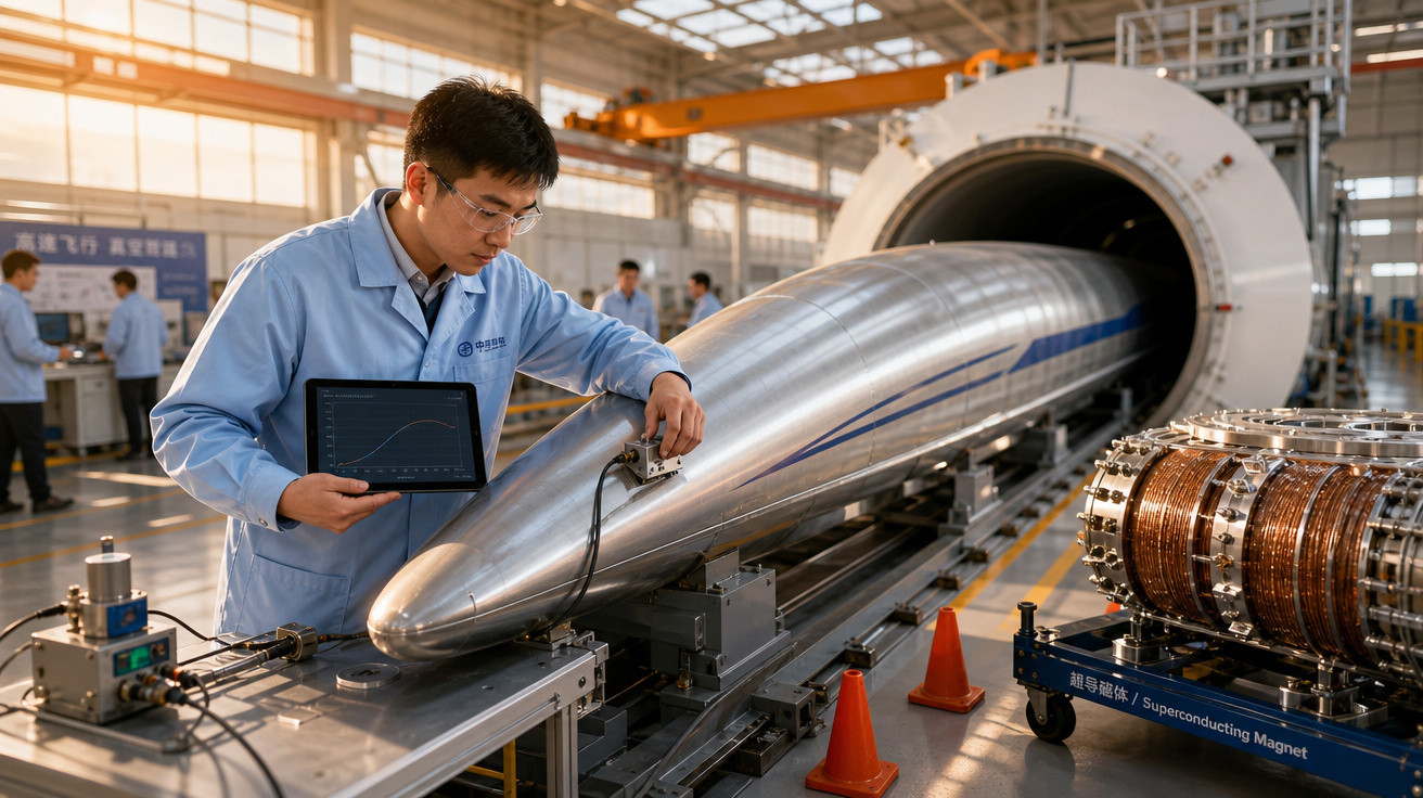 Engenheiro analisa equipamento metálico longo em laboratório moderno com gráficos no tablet.