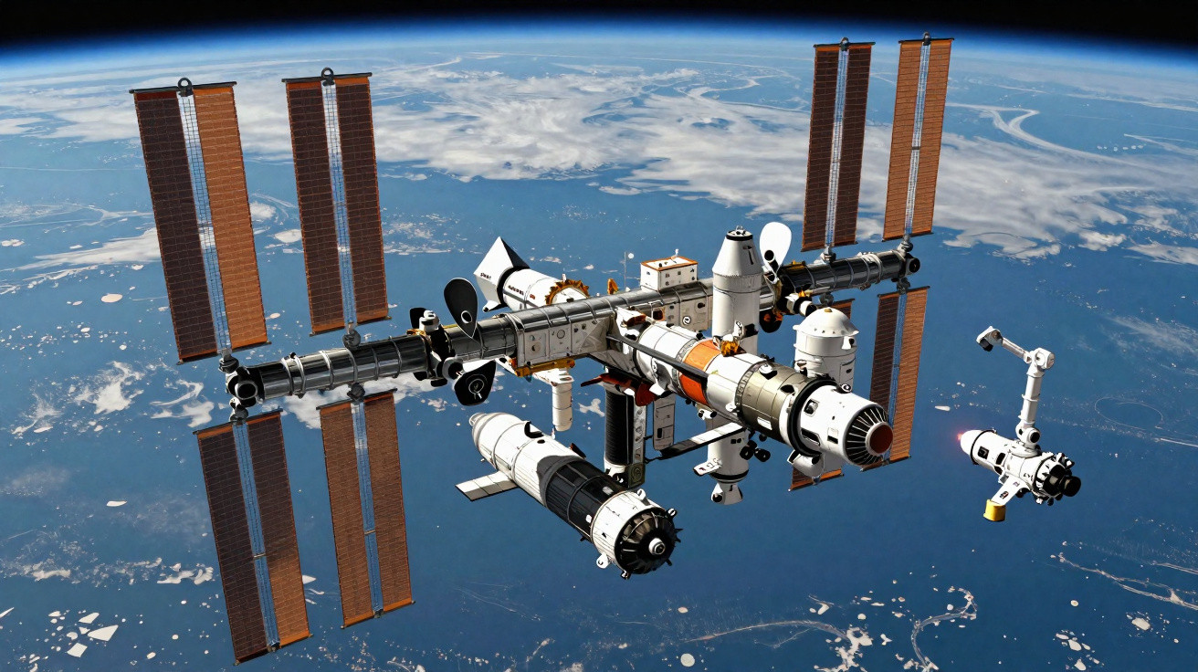 Estação Espacial Internacional em órbita com painéis solares e Terra ao fundo.