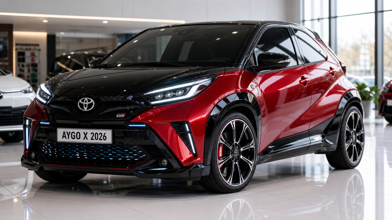 Carro Toyota Aygo X 2026 vermelho e preto estacionado em showroom com luz natural.