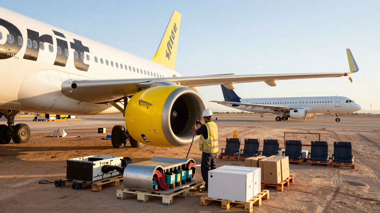 Técnico inspecionando motor de avião Spirit com equipamentos e outra aeronave ao fundo em pista no pôr do sol.
