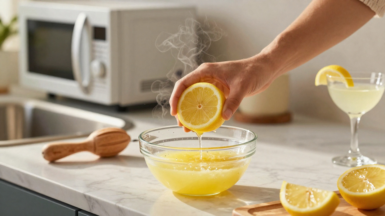 Pessoa espremendo limão sobre tigela com suco quente na bancada da cozinha.