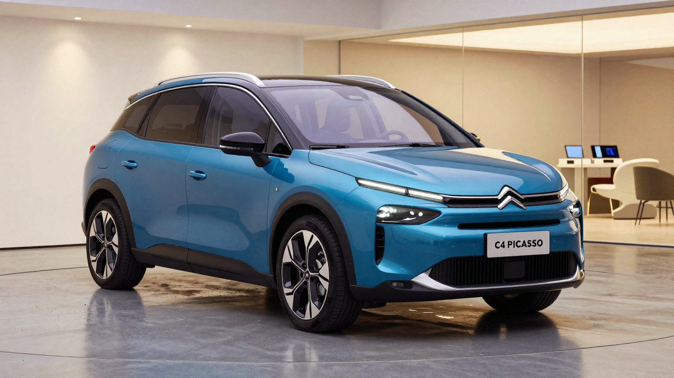 Carro elétrico Citroën C4 Picasso azul em ambiente interno, estilo SUV compacto moderno.