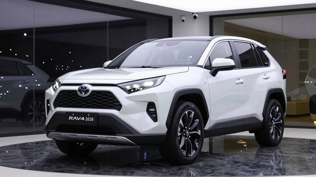 SUV branco Toyota RAV4 2026 exibido em showroom moderno com piso espelhado e paredes de vidro.