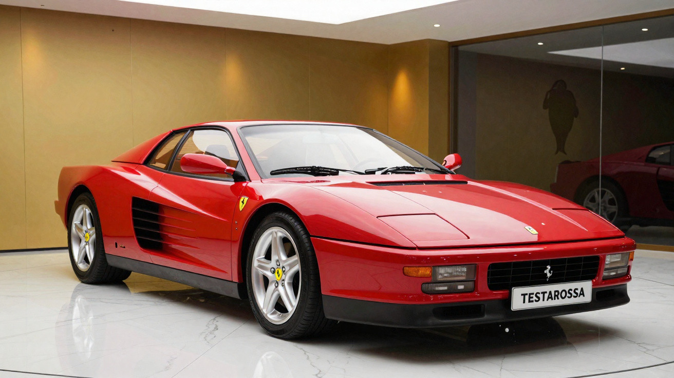 Carro esportivo vermelho Ferrari Testarossa estacionado em ambiente interno com piso branco e parede bege.