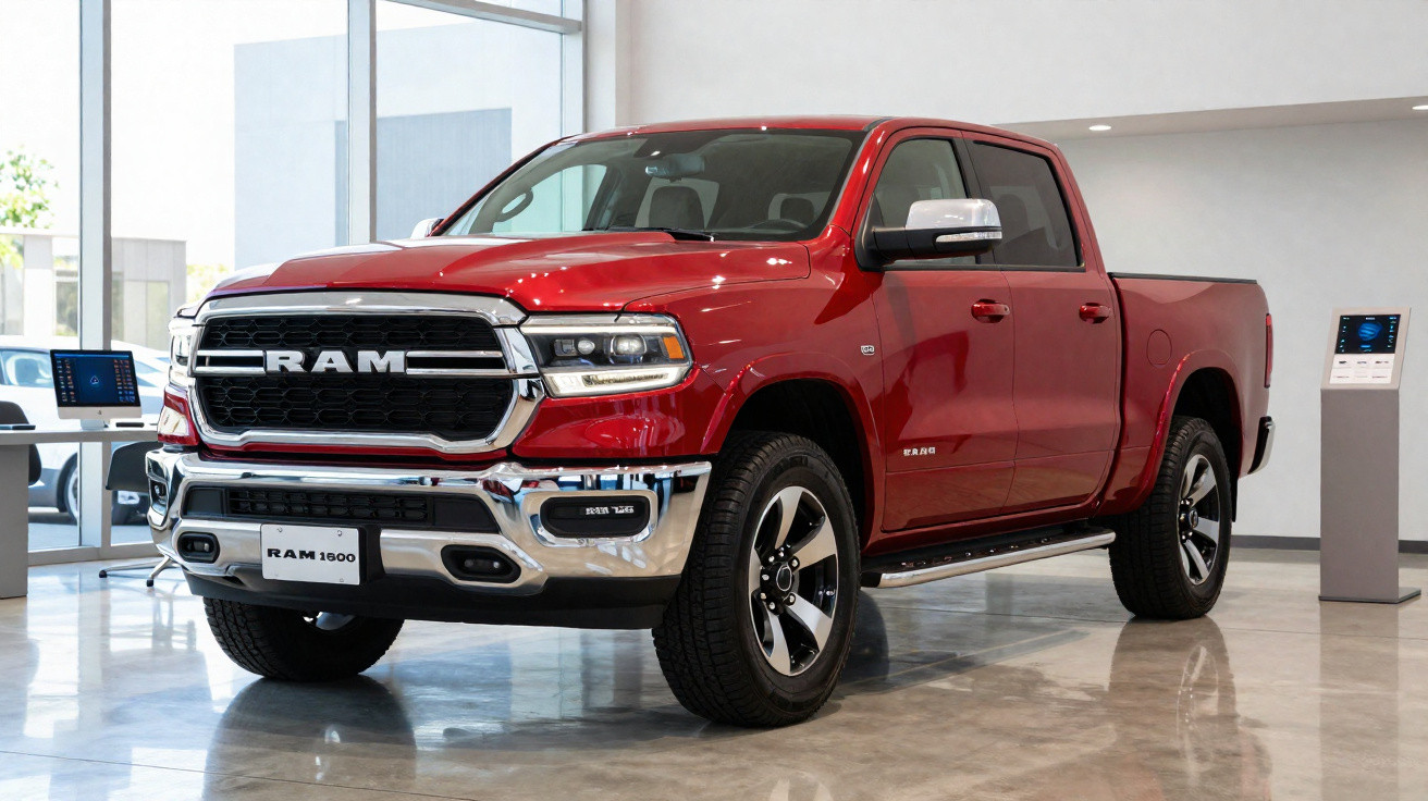 Picape vermelha RAM 1600 nova em showroom moderno com piso brilhante e detalhes cromados.