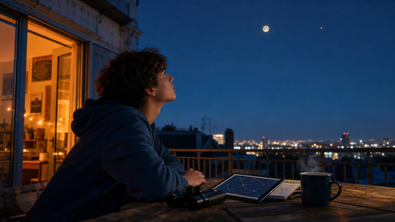 Jovem observa a lua no céu noturno em uma varanda, com tablet, binóculo e caneca sobre a mesa de madeira.
